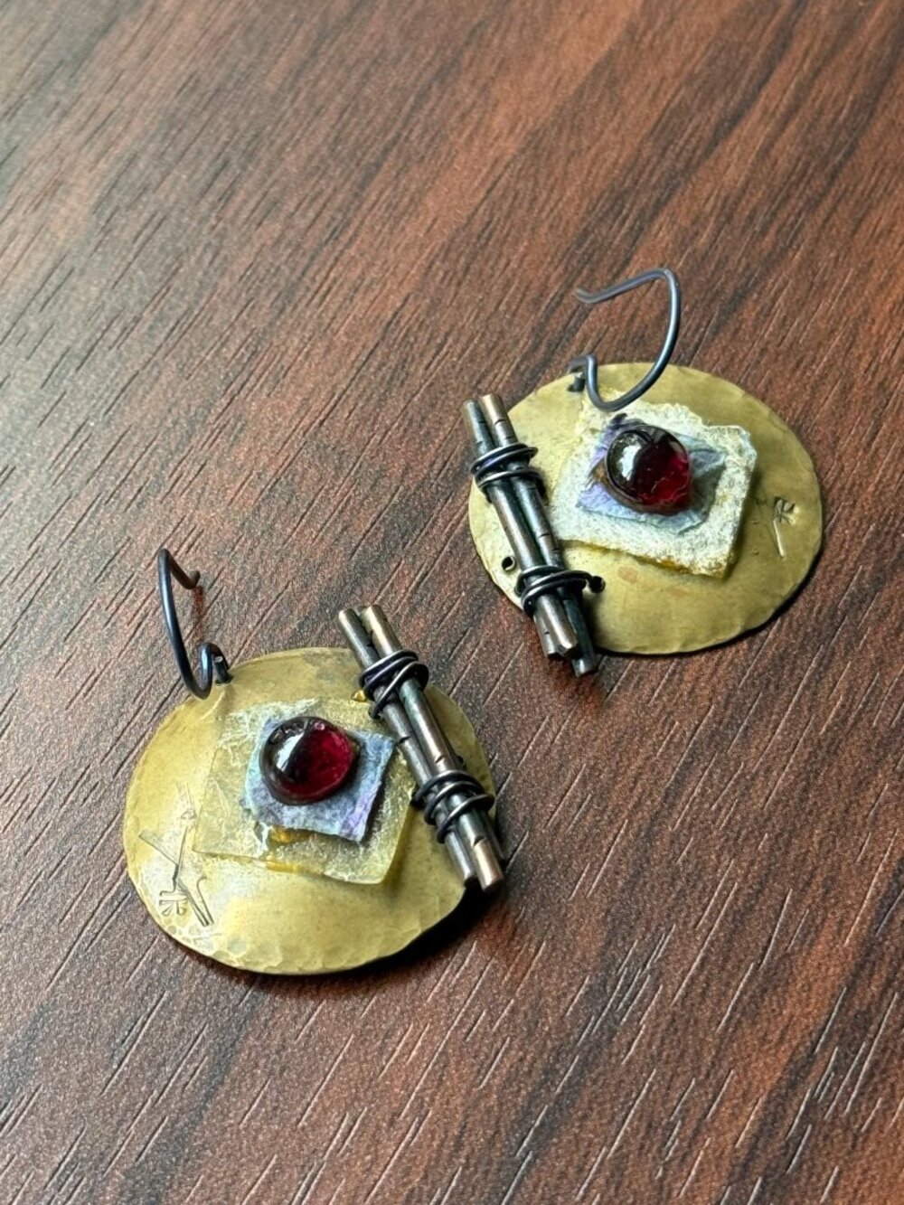 Metal and Red Glass Artisan Earrings 1990s